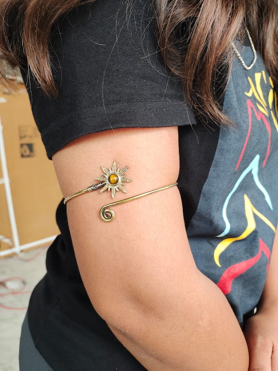 Gold Sunburst Arm Cuff, Tigers Eye Boho Upper Arm Bracelet