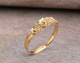 Tiny Brass Three Flower Ring: Dainty Floral Ring , Handmade Stacking Ring