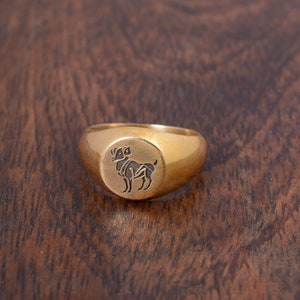 May include: A gold signet ring with a raised circular design featuring a stylized ram's head.