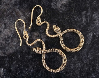 Vintage Gold Snake Dangle Earrings, Brass Serpent Hook Earrings