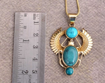 Collier scarabée doré / Pendentif scarabée turquoise / Bijoux talisman / Troisième oeil / Bohème / Inca / Ethnique / Illuminati
