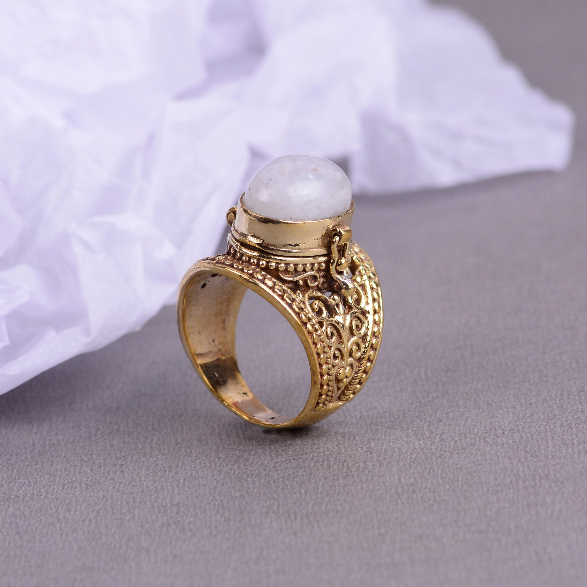 Moonstone Poison Box Ring, Handmade Brass Secret Compartment Jewelry
