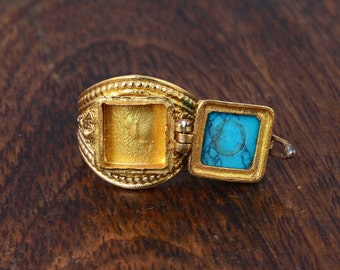 Turquoise Ring, Poison Ring, Secret Box Ring, Pill Box Ring, Brass Turquoise Ring, Poisoner Ring, Gift For her, Handmade Jewelry