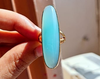 Chalcedony Ring, Brass Ring, Aqua Chalcedony Ring, Long Oval Ring, Beautiful Ring, Statement Ring, Boho Ring, Ring For Her, Wedding Ring