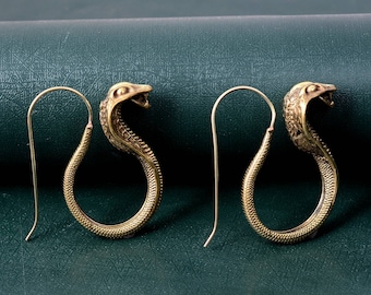 Gold Snake Dangle Earrings: Vintage Brass Serpent Hook Earrings