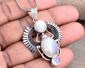 Zilveren Scarab ketting / Maansteen Scarab hangend / Talisman sieraden / Derde oog / Boho / Inca / Etnisch / Illuminati