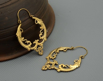 Gold Filigree Mandala Hoop Earrings: Brass Statement Jewelry