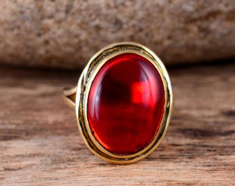 Handmade Brass Red Garnet Ring: January Birthstone Statement Ring