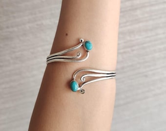 Silver Plated Turquoise Bangle Bracelet: Handmade Gemstone Jewelry