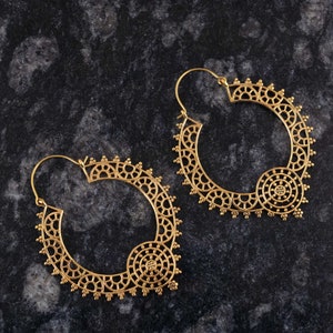 Flower Mandala Hoop Earrings, Thanks giving gift, Statement Earrings, Indian big Hoop Earrings, Boho Tribal Brass Earrings, Handmade Gifts