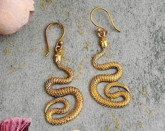 Gold Serpent Dangle Earrings: Handmade Brass Snake Jewelry