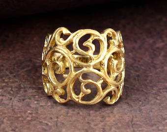 Gold Brass Filigree Ring: Vintage Bohemian Statement Ring