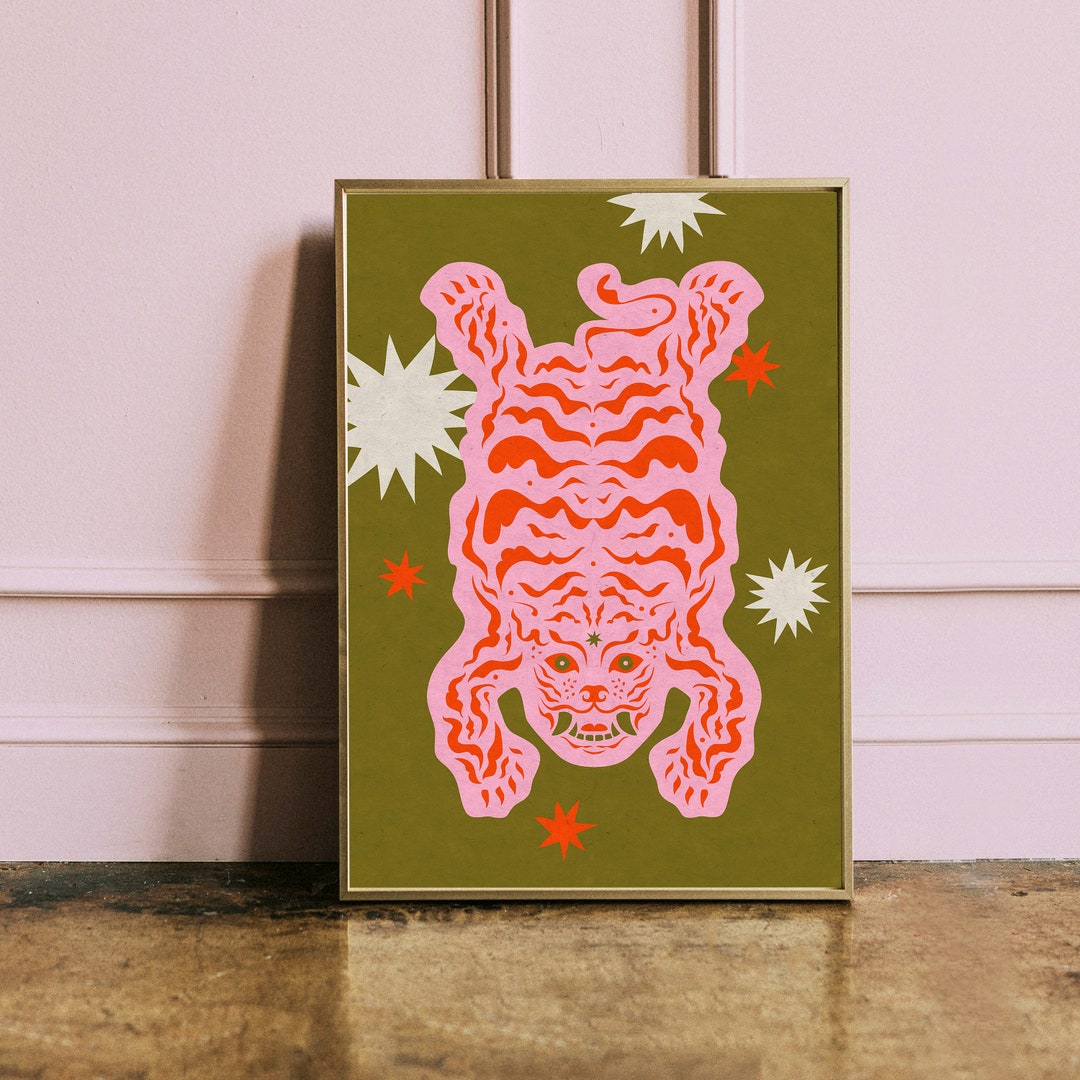 Tibetan Tiger Art Print A5 A4 A3 A2 A1 Home Decor Pink & Green Eclectic