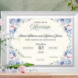 Certificado de matrimonio, diseño floral personalizado y editable, elegante plantilla floral en azul claro y rosa, perfecta para bodas y renovaciones de votos