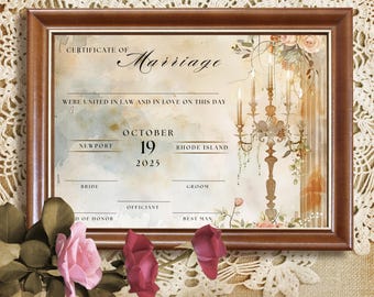 Plantilla de certificado de matrimonio vintage, elegante recuerdo de boda (descarga digital)