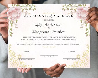 May include: A white certificate of marriage with a floral design. The certificate is presented to Lily Anderson and Benjamin Parker. The text reads "WERE UNITED IN MARRIAGE ON THIS 4TH DAY OF MAY IN THE YEAR 2025 AT HILLSIDE COUNTRY CLUB IN WILLOWWOOD FOREST, PINECREST, OR 97542 IN A GRACEFUL AFFIRMATION OF THEIR TIMELESS VOWS, THEIR HANDS ARE SET BELOW".