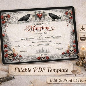 Może przedstawiać: Gotycki szablon aktu małżeństwa z czarną obwódką, z dwoma krukami, czaszkami i różami. Certyfikat zawiera tekst "Certificate of Marriage" i "Fillable PDF Template".