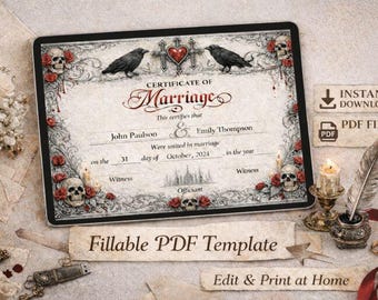 Gothic Wedding Certificate with Crows, Skulls and Roses, Dark Castle & Crosses, Unique Marriage Certificate, Dark Romantic Decor