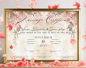 May include: A printable wedding certificate with a floral design in pink and green. The text reads "Marriage Certificate" with the names "Vanessa Blanchetto & Justin Paige" and the date "September 19, 2025".
