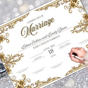 Marriage Certificate Editable Template, Vintage Gold Design with Floral Accents, Perfect for Weddings and Anniversaries Gift