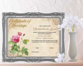 Certificado de matrimonio con rosas vintage, regalo de boda personalizable (descarga digital)