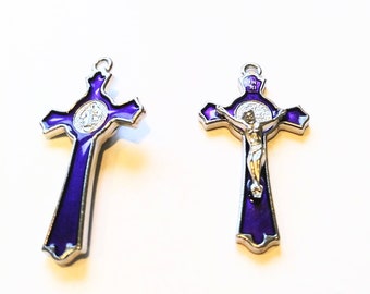 Purple Enamel Crucifix Charms: Silver Religious Pendants (Set of 6)
