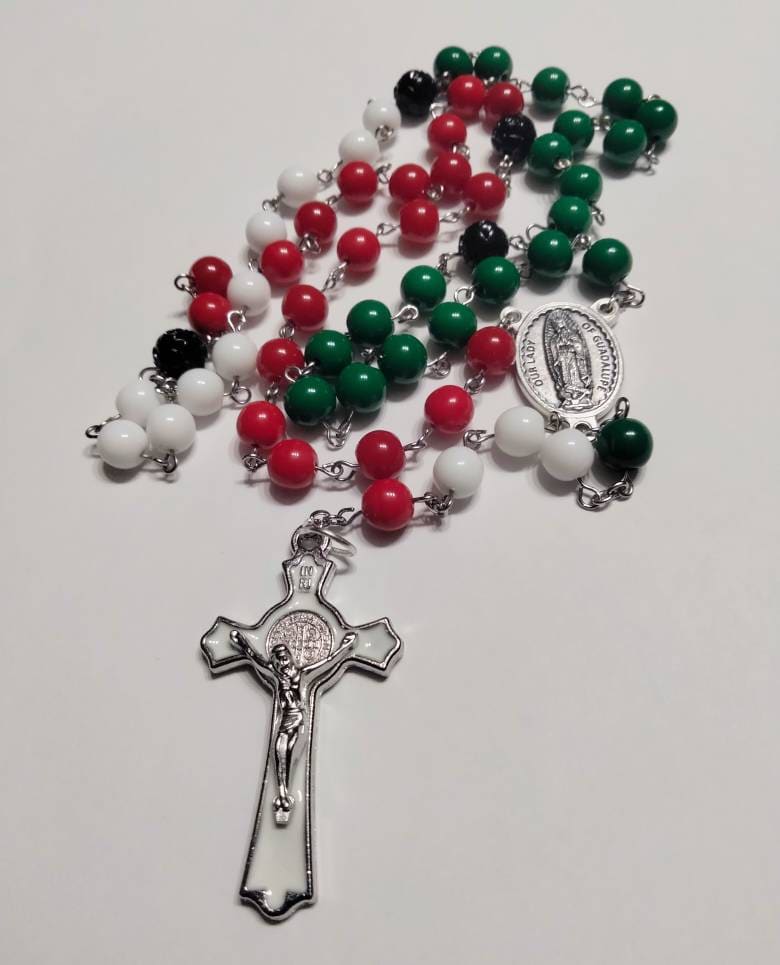Mexican Flag Rosary: Red, White, Green Glass Beads