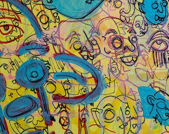 Colorful Abstract Faces Original Painting – 14x14” Stretched Canvas – Modern Graffiti Style Wall Art – Unique Home Decor