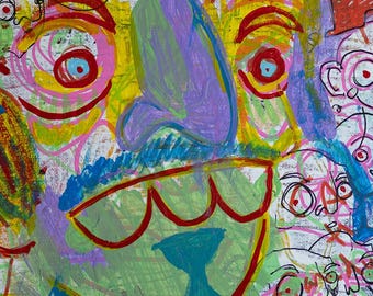 12x12&quot; Original Colorful Abstract Faces Painting – Bold Modern Wall Art - Weird art  - Graffiti style art