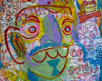 12x12&quot; Original Colorful Abstract Faces Painting – Bold Modern Wall Art - Weird art  - Graffiti style art