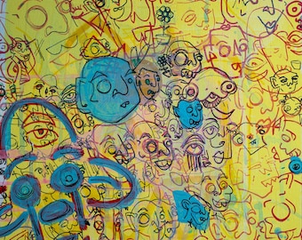 Colorful Abstract Faces Original Painting – 14x14” Stretched Canvas – Modern Graffiti Style Wall Art – Unique Home Decor