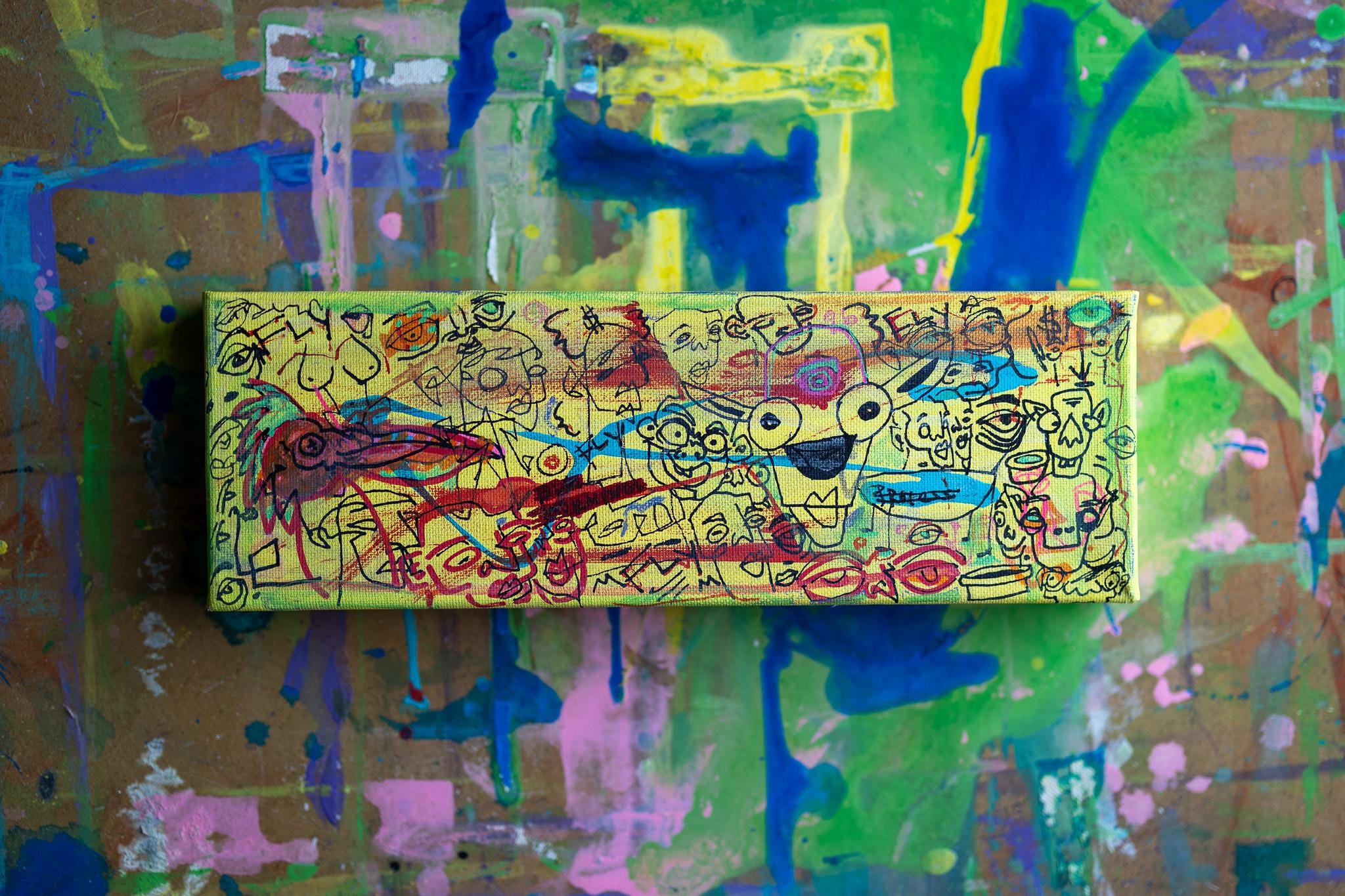 Neo-Expressionist Street Art Painting – Original 12x4" Mixed Media on Canvas – Urban Abstract Wall Art