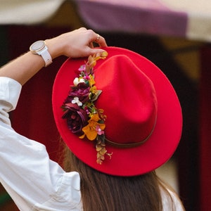 Red fedora hat with flowers, Wool red hat, Felt hat