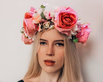 Flower crown with roses, Pink flower crown, Large flower headband, Artificial flower crown, Flower wreath