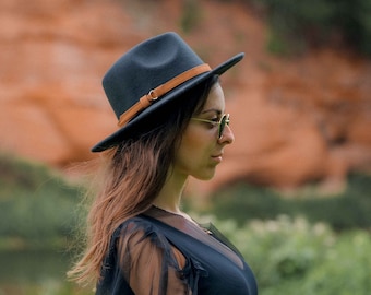 Chapeau fedora en laine noire, bord large, unisexe