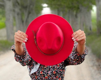 Chapeau fedora en laine rouge, bord large, unisexe