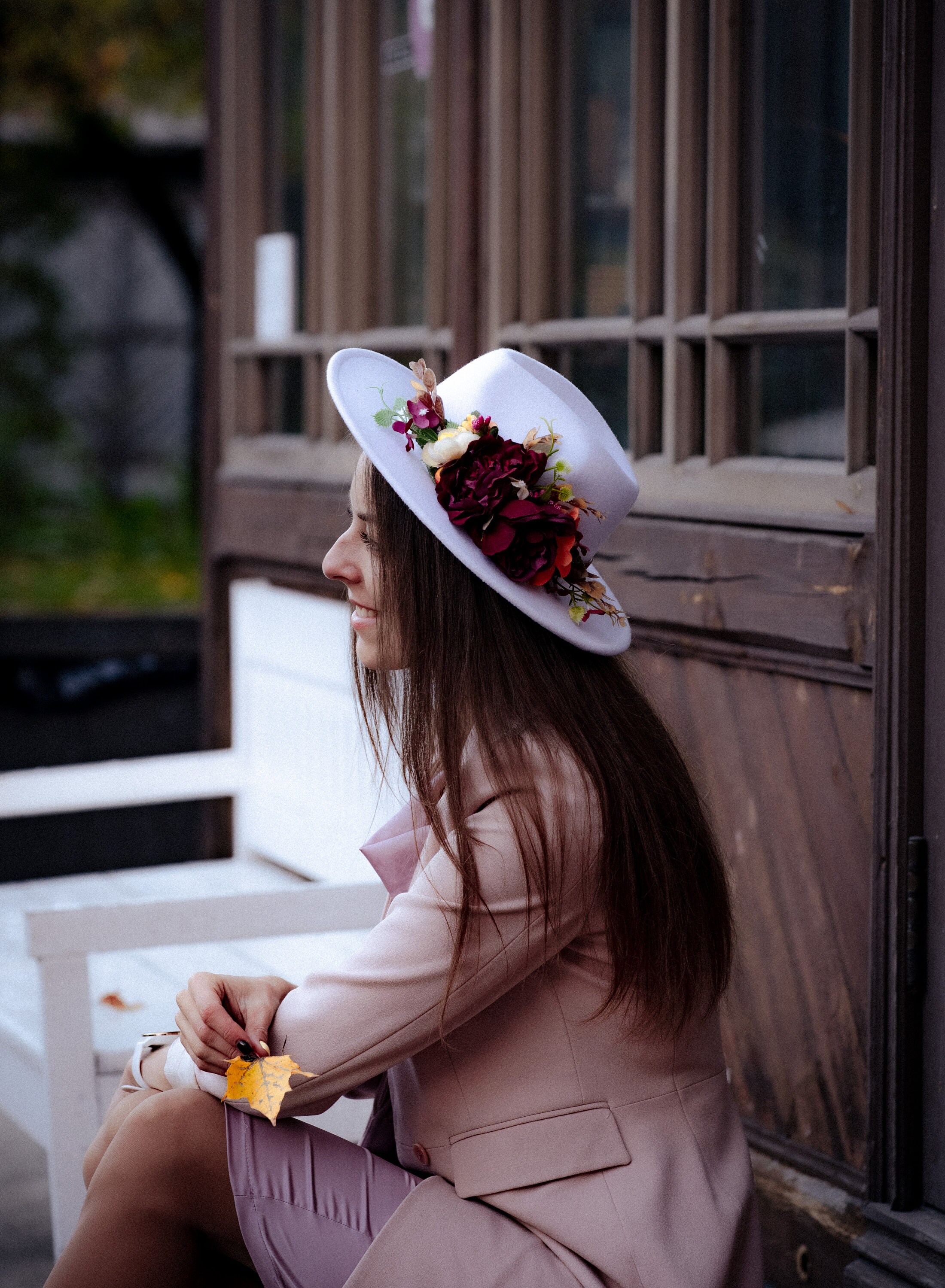 Handmade Upcycled White Wool Fedora Hat with Floral Band OS M/L Coco White Dried Flower Bridal Fedora Wedding Hat | Handmade  main image 4