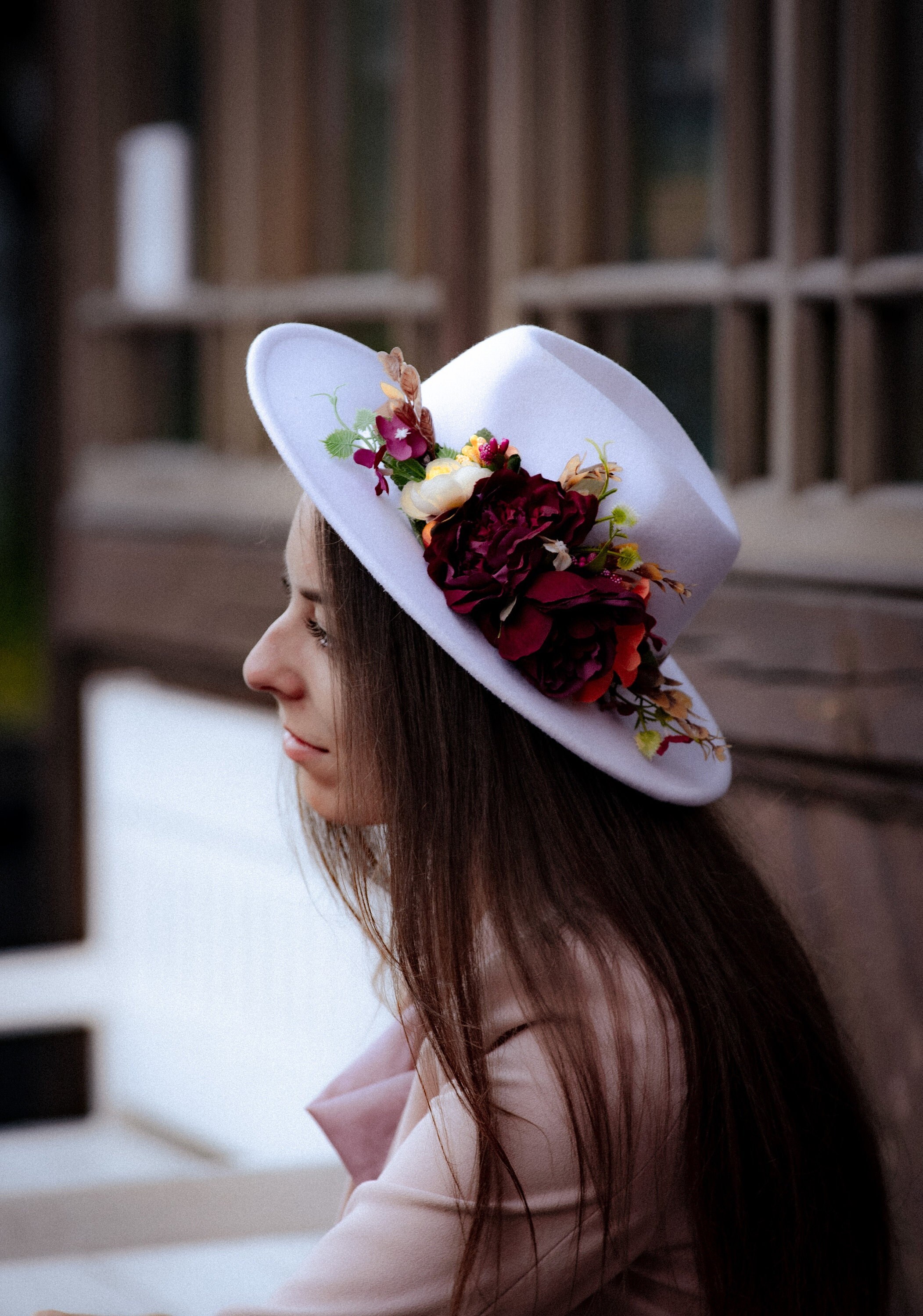 White Wool Fedora Hat, Burgundy Floral Wedding Hat, Wide  display picture 3