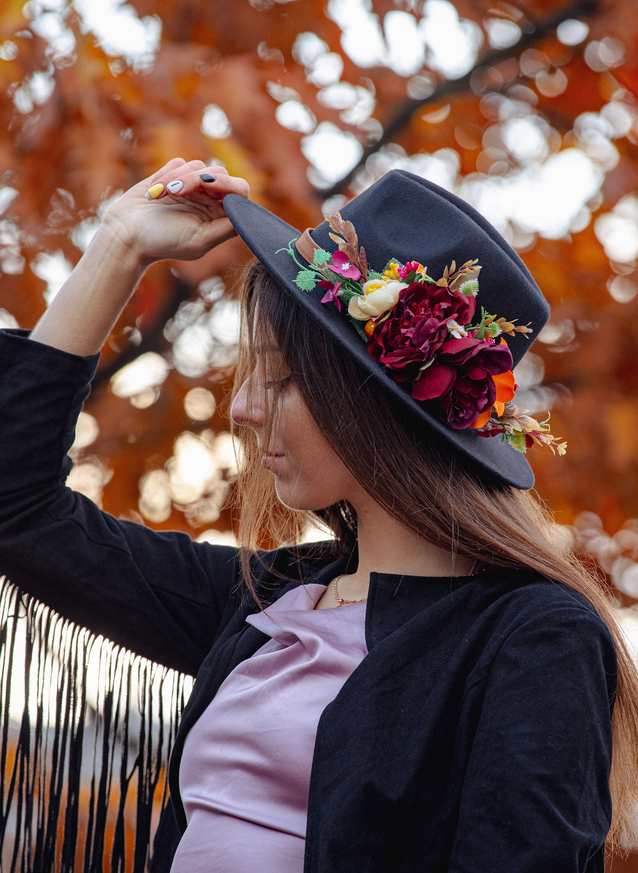 Fedora Womens Floral Black Hat with Feather Accent Beautiful Hand Painted Floral Fedoras, Black Fedora, Flower Hat, Hand Crafted, Hand  main image 2