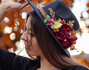 Black Fedora Hat With Flowers, Wedding Wide Brim Hat - Etsy display picture 1