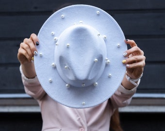 White hat with pearls, Wedding fedora hat, Bride to be