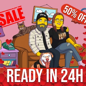 Best Anniversary Gift! Custom Yellow Character Portrait on the couch, couple portrait, customized family picture. Digital Art Poster