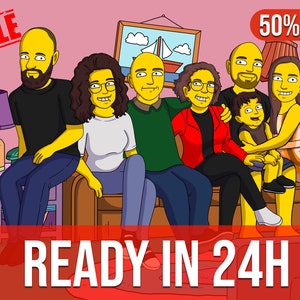 Retrato personalizado de personaje amarillo, dibujo digital familiar, sofá simpsonizado, regalo de San Valentín, aniversario, cumpleaños