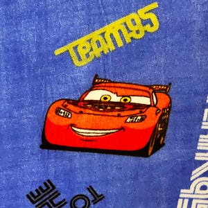 May include: Red cartoon race car with a big smile on a blue background with the text "Team 95" in yellow and black text.