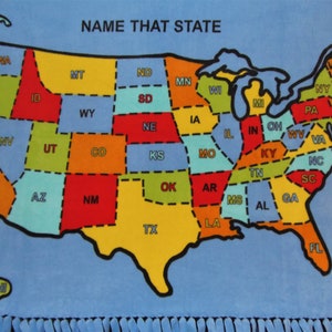 Name That State ..United States Map fleece tie blanket