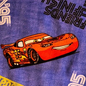 May include: A blue fleece blanket with a red race car, the number 95, and the words "Friends Finish" printed on it.