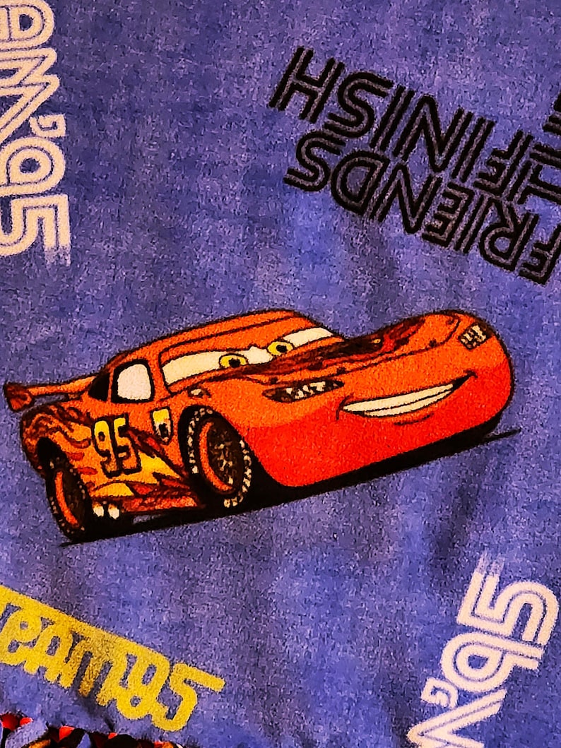 May include: A blue fleece blanket with a red race car, the number 95, and the words "Friends Finish" printed on it.