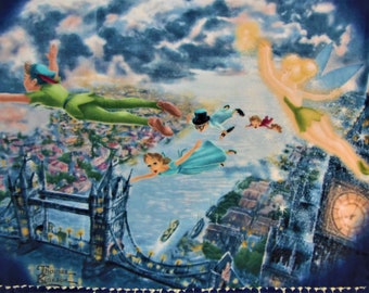 Peter Pan, Tinkerbell, Wendy, John, and Michael  Thomas Kinkade fleece tie blanket