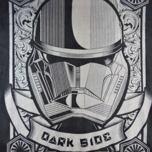 May include: A black and white illustration of a Star Wars Stormtrooper helmet with the words "Dark Side" on a banner below. The helmet is surrounded by decorative flourishes and the Star Wars symbol.