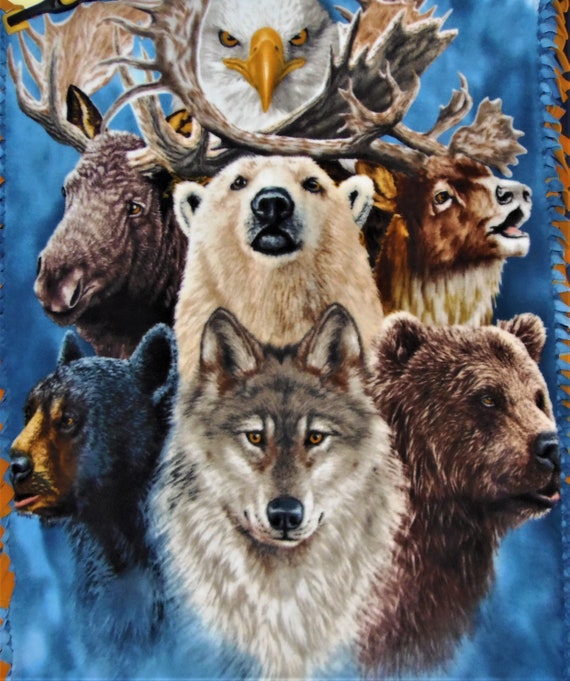 Wildlife Animals Wolf Polar Bear Brown Bear Black Bear Elk Moose and Eagle Fleece Tie Panel Blanket Etsy Canada